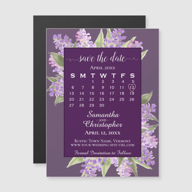 Plum Lila Lilacs Wedding Save the Date Calendar Magneteinladung (Vorne/Hinten)