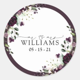 Plum Lila Mauve Floral Watercolor Script Wedding Runder Aufkleber