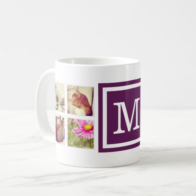 Plum Lila Monogram Instagramm Foto Collage Tasse (Vorderseite Links)