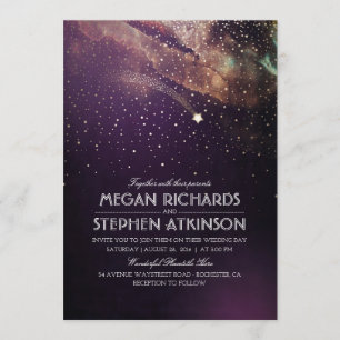Plum Lila Night Gold Shooting Star Wedding Einladung