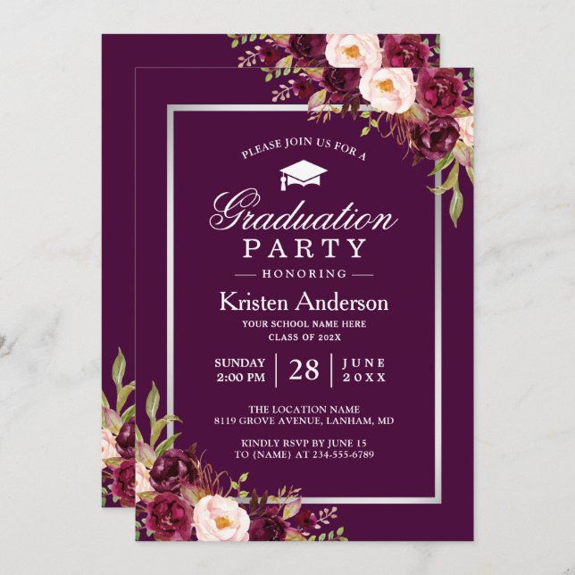 Plum Lila Red Floral Foto Graduation Party Einladung