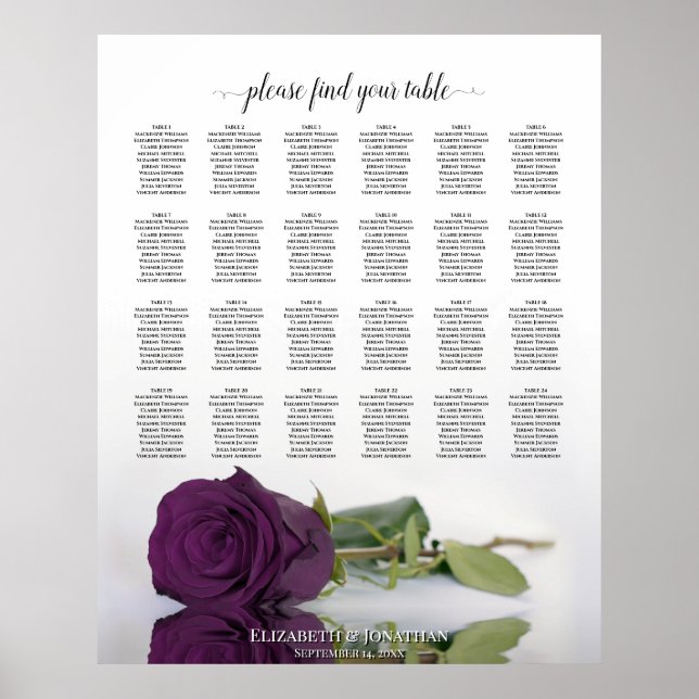 Plum Lila Rose 24 Tabelle Hochzeitsdiagramm Poster (Vorne)