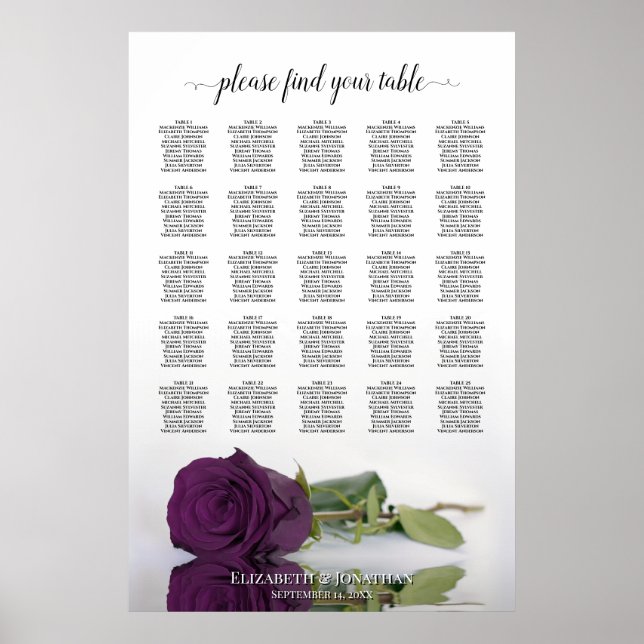 Plum Lila Rose 25 Tabelle Hochzeitsdiagramm Poster (Vorne)