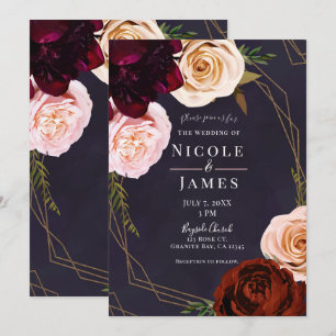 Plum Lila Rose Gold Moderne rustikale Blumenhochze Einladung