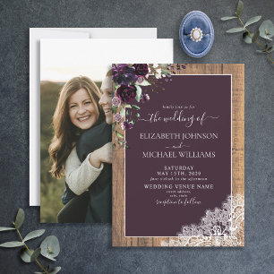 Plum Lila Rustic Wood Script Foto Wedding Einladung