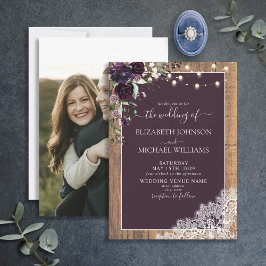 Plum Lila Rustic Wood Script Spitzen Foto Hochzeit Einladung