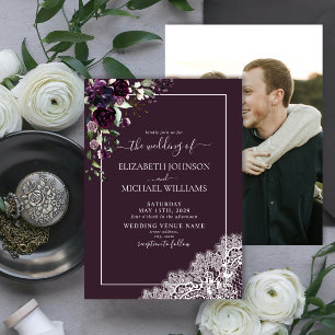 Plum Lila Rustikale Foto-Hochzeit Einladung