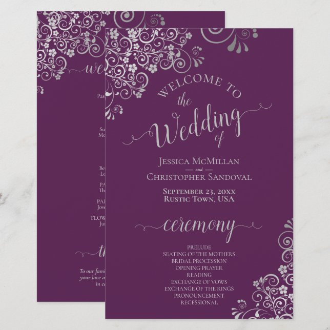 Plum Lila & Silver Curls Budget Hochzeitsprogramm (Vorne/Hinten)