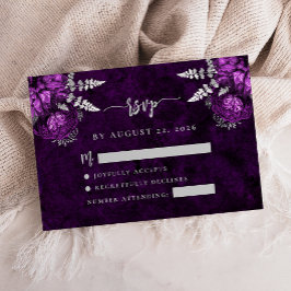 Plum Lila Silver Floral Script Wedding RSVP Begleitkarte