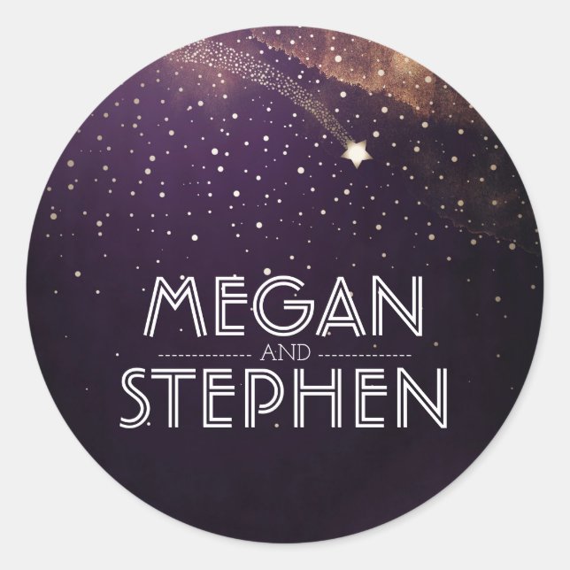 Plum Lila Starry Night Shooting Star Wedding Runder Aufkleber (Vorderseite)
