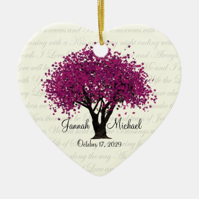 Plum Lila Tree Wedding Foto Keramikornament (Vorne)