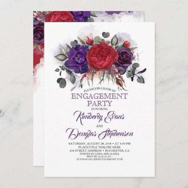 Plum Lila und burgundische florale Engagement Part Einladung (Vorne/Hinten)