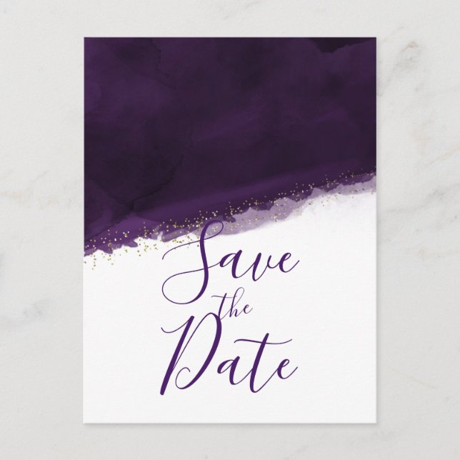 Plum Lila Watercolor & Gold Moderne Save the Date Ankündigungspostkarte (Vorderseite)