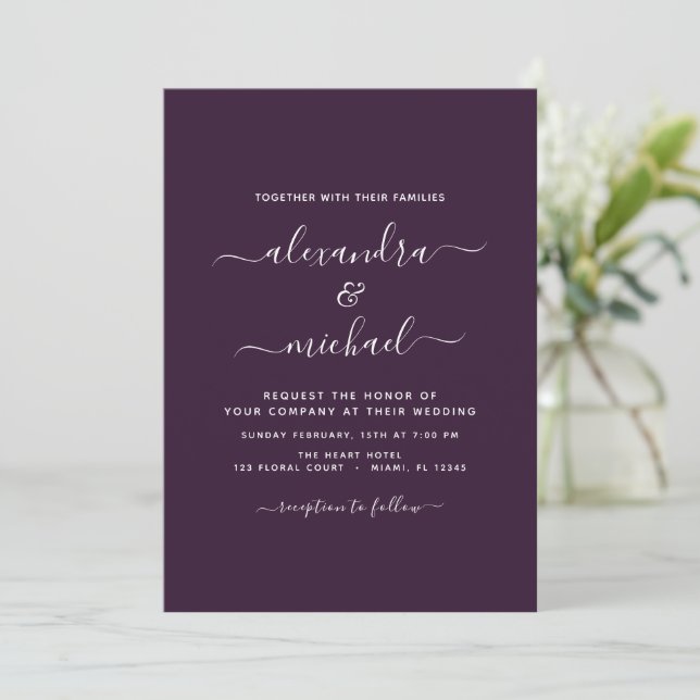 Plum Lila Wedding Modern Typografy Einladung (Stehend Vorderseite)