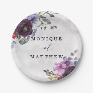 Plum Lilac Watercolor Garden Peony Wedding Pappteller