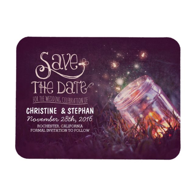 Plum Mason Jar Fireflies Save the Date Magnet (Horizontal)