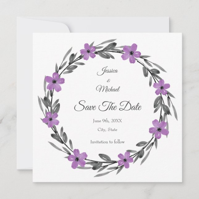 Plum Mauve Grau Schwarze Wasserfarbenwelt Blumenre Save The Date (Vorderseite)