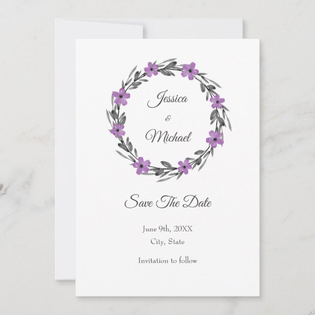 Plum Mauve Grau Schwarze Wasserfarbenwelt Blumenre Save The Date (Vorderseite)
