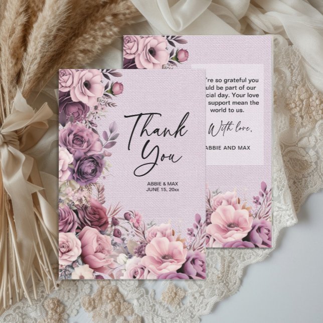 Plum Mauve Watercolor Blumenhochzeit Vielen Dank Dankeskarte (Elegant mauve and plum watercolor floral wedding thank you card)