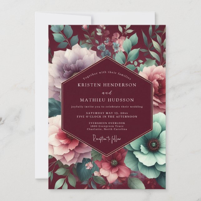 Plum Moody Bloom Wedding Einladung (Vorderseite)
