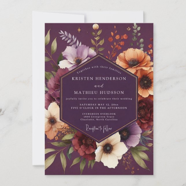 Plum Moody Botanical Wedding Einladung (Vorderseite)