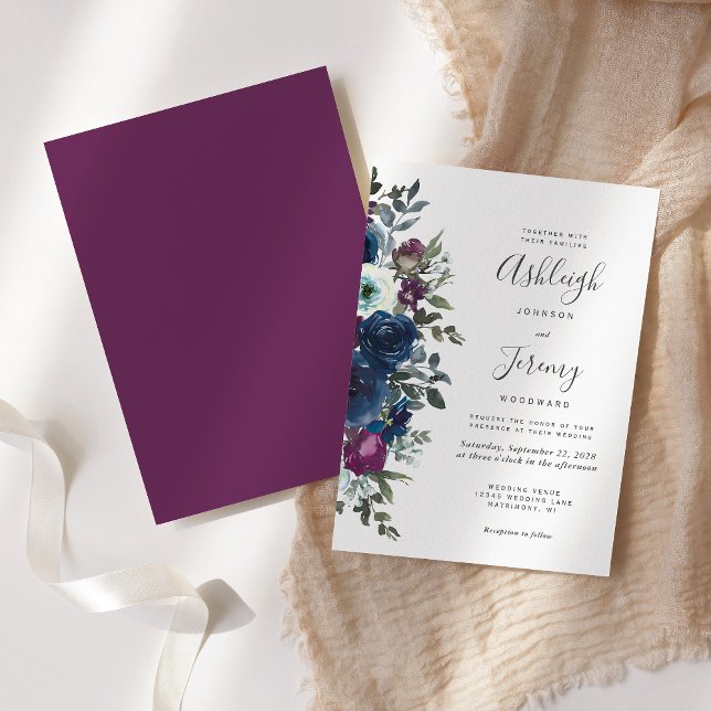 Plum Navy Blue Watercolor Floral Wedding Einladung (Von Creator hochgeladen)