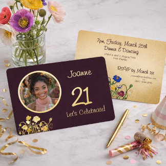 Plum Noir Custom Photo 21st Birthday Gold Folieneinladung