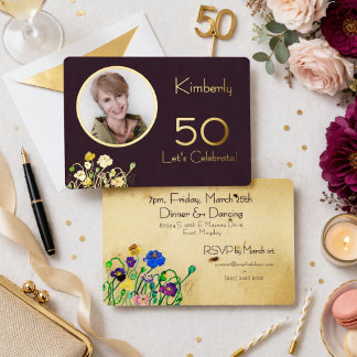 Plum Noir Custom Photo 50th Birthday Gold Foil  Folieneinladung