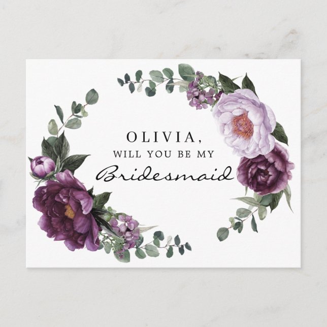 Plum Peonies Bridesmaid Vorschlag Card Postkarte (Vorderseite)