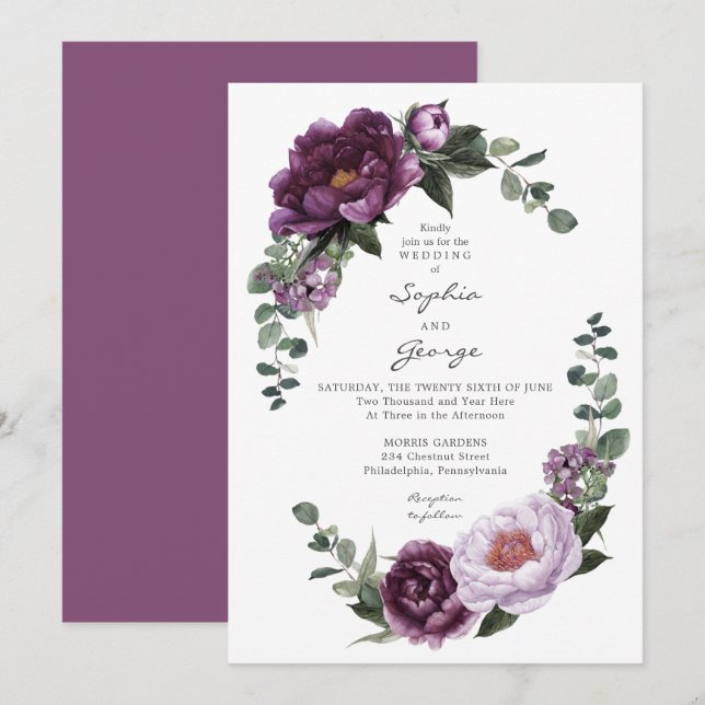 Plum Peonies Wedding Invitation Card Einladung (Vorne/Hinten)