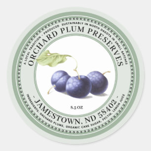 Plum Preserve Label Jam Jelly 1930 Grün Runder Aufkleber