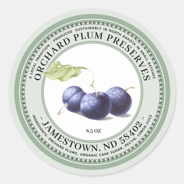 Plum Preserve Label Jam Jelly 1930 Grün Runder Aufkleber (Vorderseite)