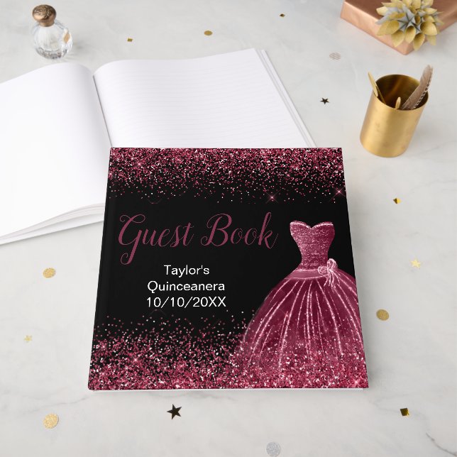Plum Purple Dress Faux Glitter Quinceanera Gästebuch (Vorderseite offen)