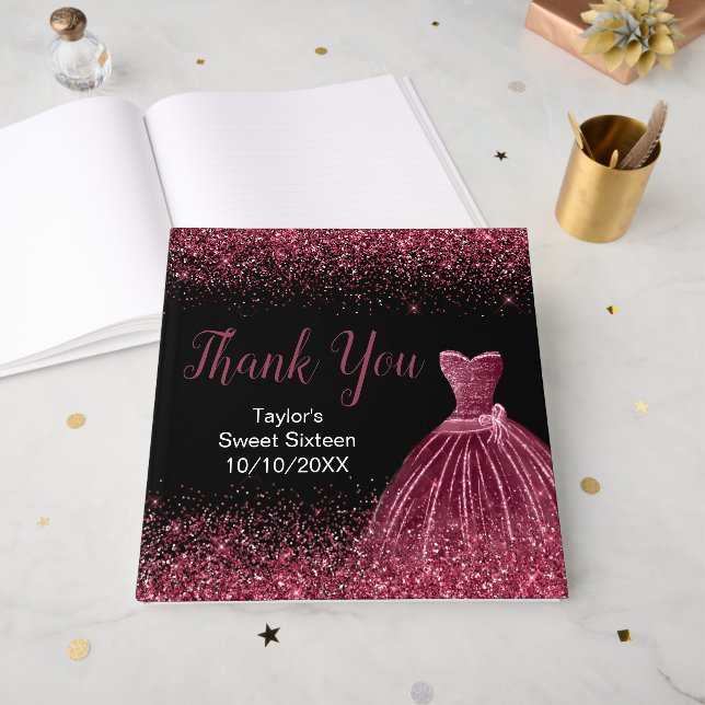 Plum Purple Dress Faux Glitter Sweet 16 Birthday Gästebuch (Vorderseite offen)