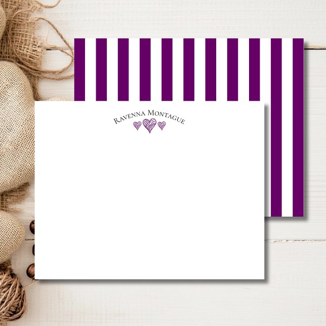 Plum Purple Elegant Wavy Hearts Striped Note Card Mitteilungskarte (Von Creator hochgeladen)