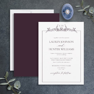 Plum Purple Floral Border Monogram Wedding Einladung