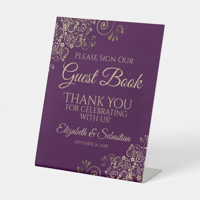 Plum Purple & Gold Please Sign our Guest Book Sign Sockelschild (Vorderseite)