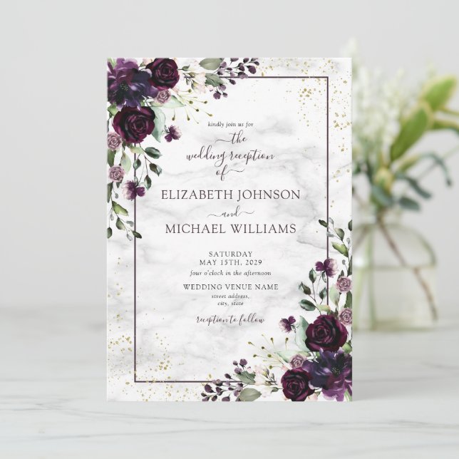 Plum Purple Gold Watercolor Marble Fall Reception Einladung (Stehend Vorderseite)