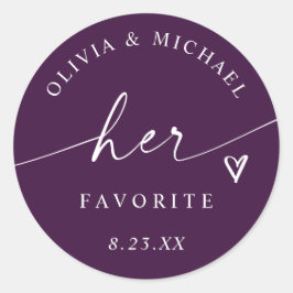 Plum Purple Her Favorite Script Wedding Treat Bag Runder Aufkleber