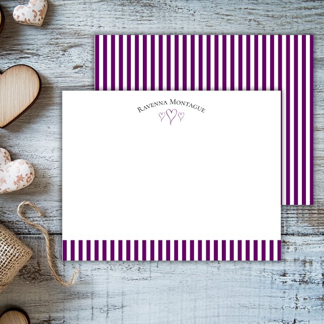 Plum Purple Modern Open Hearts Striped Note Card Mitteilungskarte (Von Creator hochgeladen)