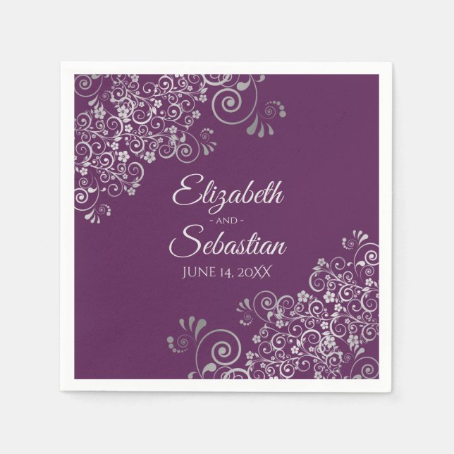 Plum Purple with Silver Frills Elegant Wedding Serviette (Vorderseite)