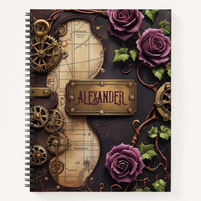 Plum Rose Industrial Steampunk Journal Notizbuch (Vorderseite)