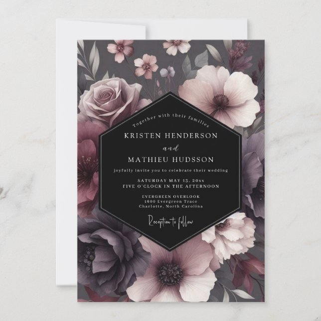Plum Shadowy Bloom Wedding Einladung (Vorderseite)