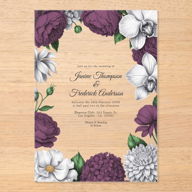 Plum & Silver Modern Botanical Wedding Acryleinladungen (Vorderseite)