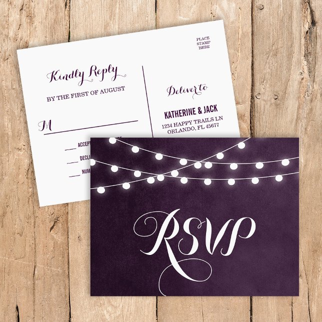 Plum String Lights Wedding RSVP Postcard Einladungspostkarte (Von Creator hochgeladen)