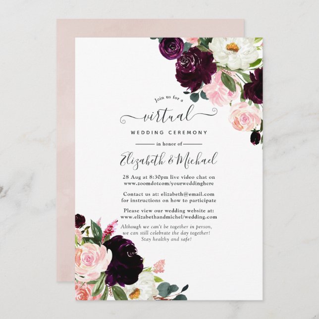 Plum und Blush Pink Online Virtual Wedding Einladung (Vorne/Hinten)