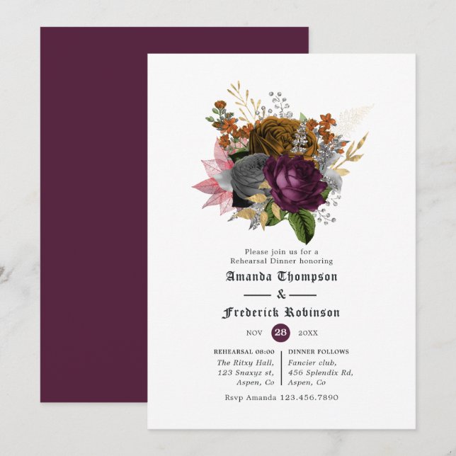 Plum und Burnt Orange Halloween Probe Dinner Einladung (Vorne/Hinten)