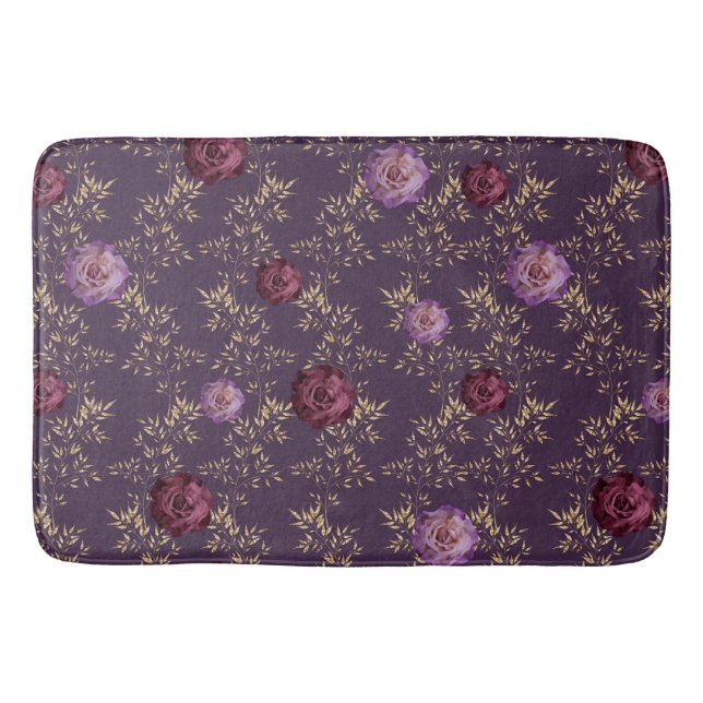 PLUM- UND LILA ROSE MIT WINZIGIGEN GOLD-BLÄTTER BADEMATTE (Vorderseite)
