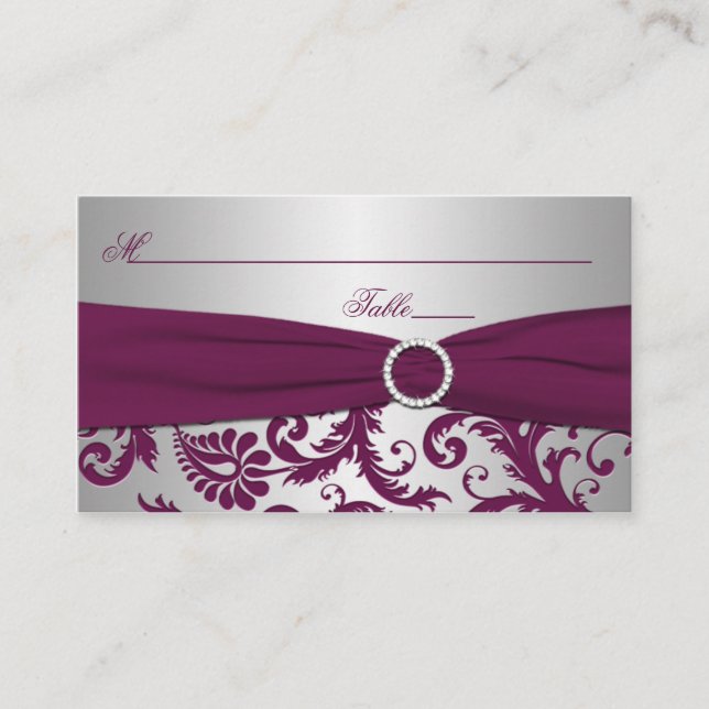 Plum und Silver Damask Placecards Platzkarte (Vorderseite)