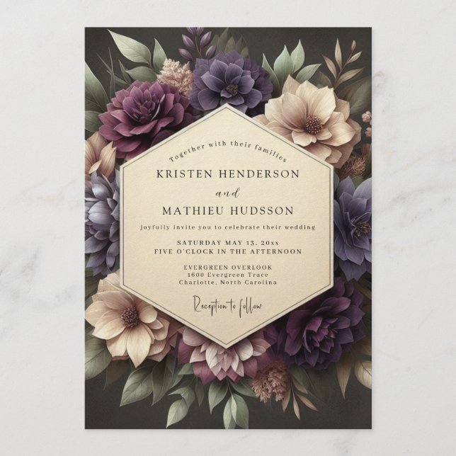 Plum Victorian Bloom Wedding Einladung (Vorderseite)